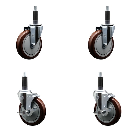 Service Caster 5'' Maroon Poly Wheel Swivel 1'' Expanding Stem Caster Set 2 Brakes, 4PK SCC-EX20S514-PPUB-MRN-2-TLB-2-1